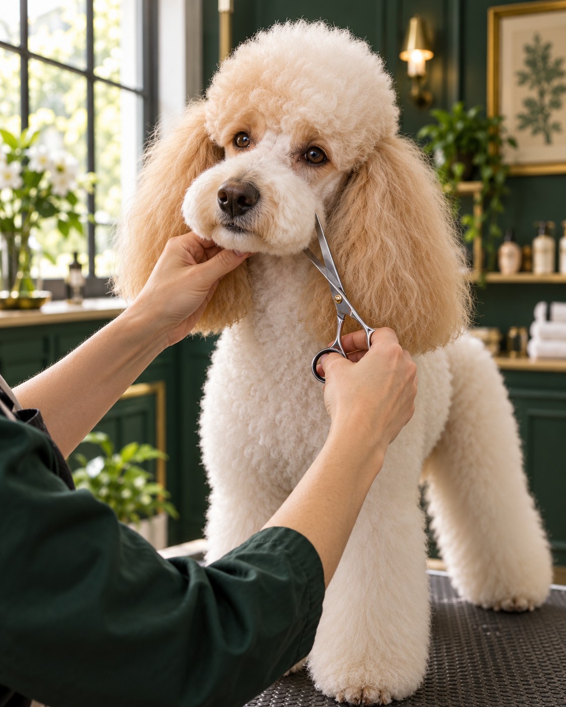 Poodle receiving careful grooming in an illustrative professional studio