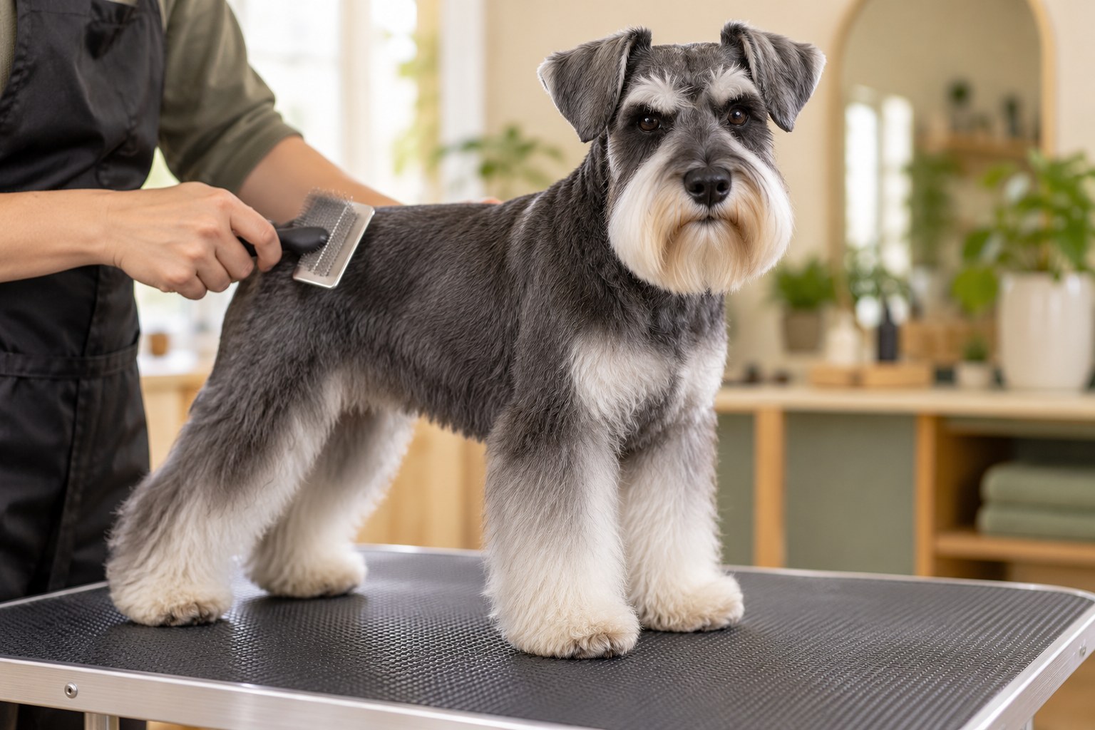 Dog receiving careful brushing