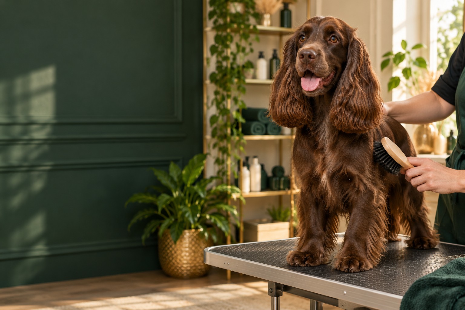 Freshly groomed spaniel enjoying a finishing brush in an illustrative grooming studio