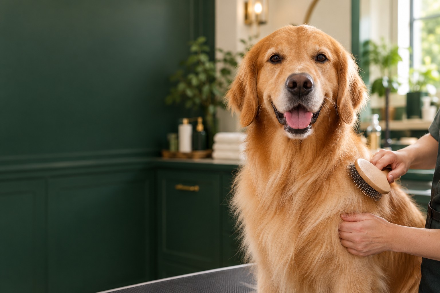Happy golden retriever being gently brushed in an illustrative grooming studio